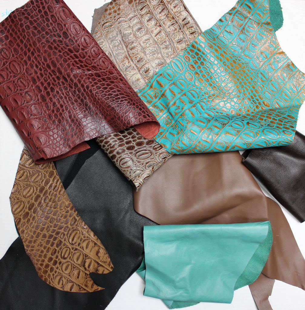 COWHIDE LEATHER SCRAPS - ASSORTED SMOOTH LEATHER & EMBOSSED LEATHER