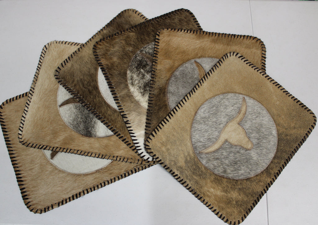 Light Brown & Gray Cowhide Placemats - Longhorn Design - 17"x14"- Set of six mats