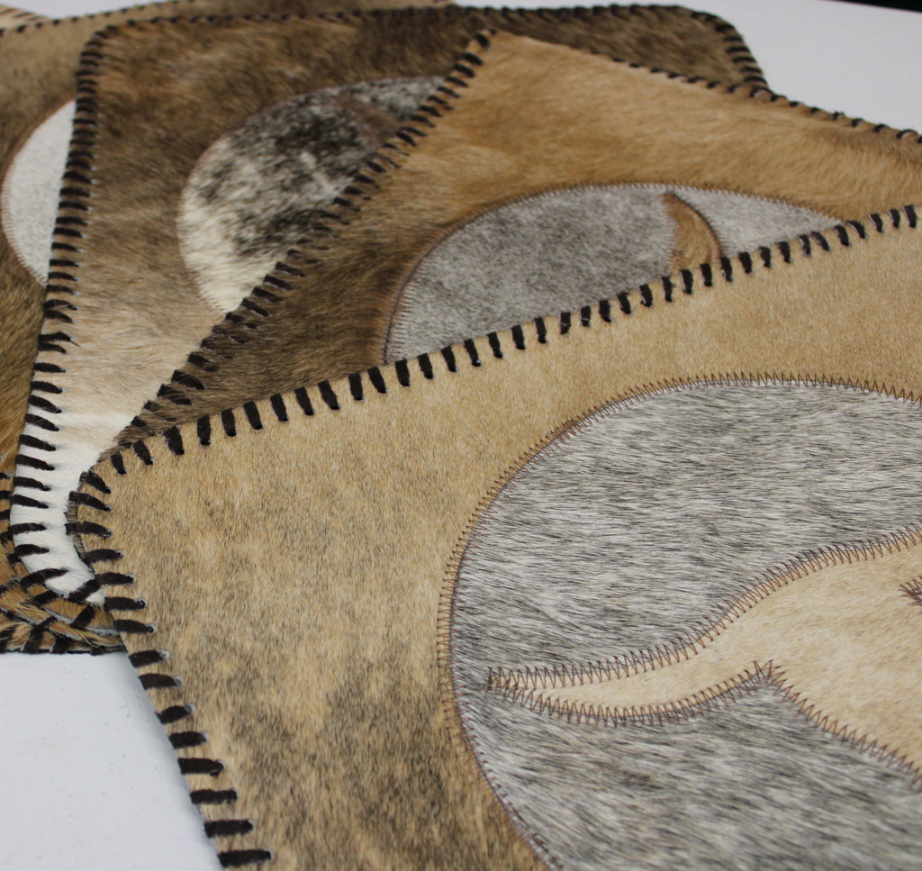Light Brown & Gray Cowhide Placemats - Longhorn Design - 17"x14"- Set of six mats