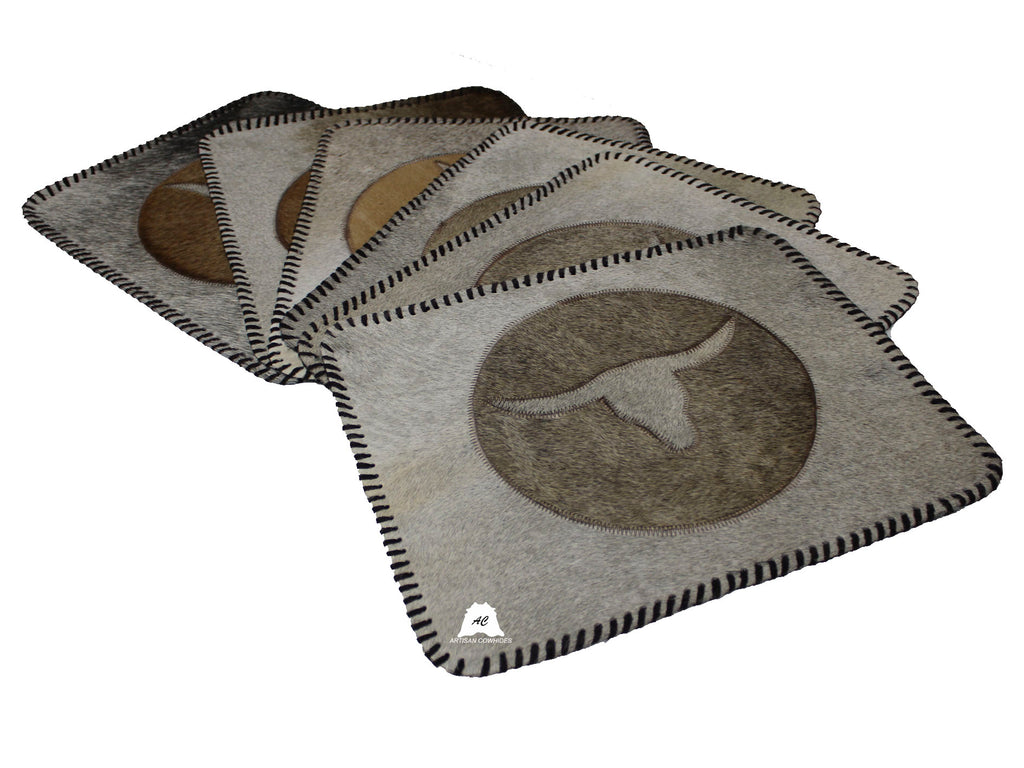 Light Gray & Tan Cowhide Placemats - Longhorn Design - 17"x14"- Set of six mats